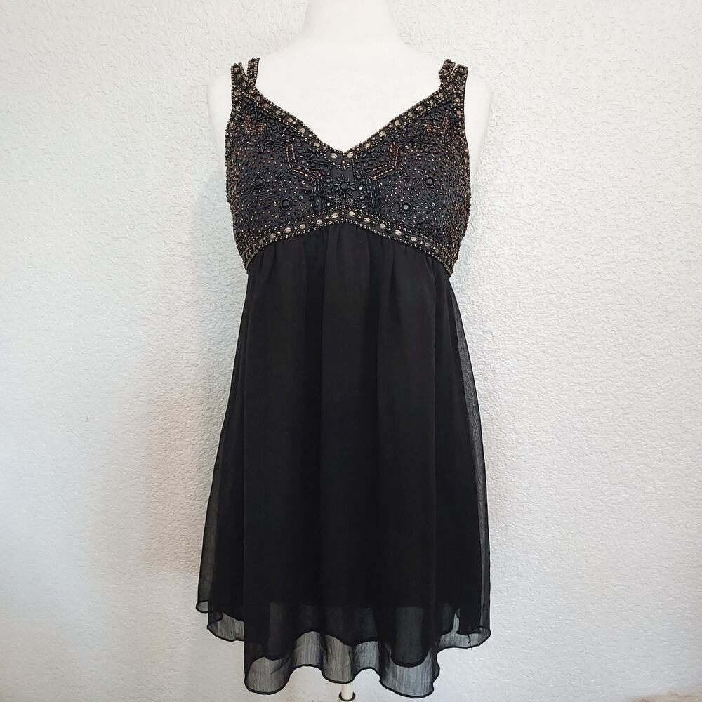 Black Heavy Beaded Sheer Body Tunic Cocktail Baby Doll Tank Blouse Size L
